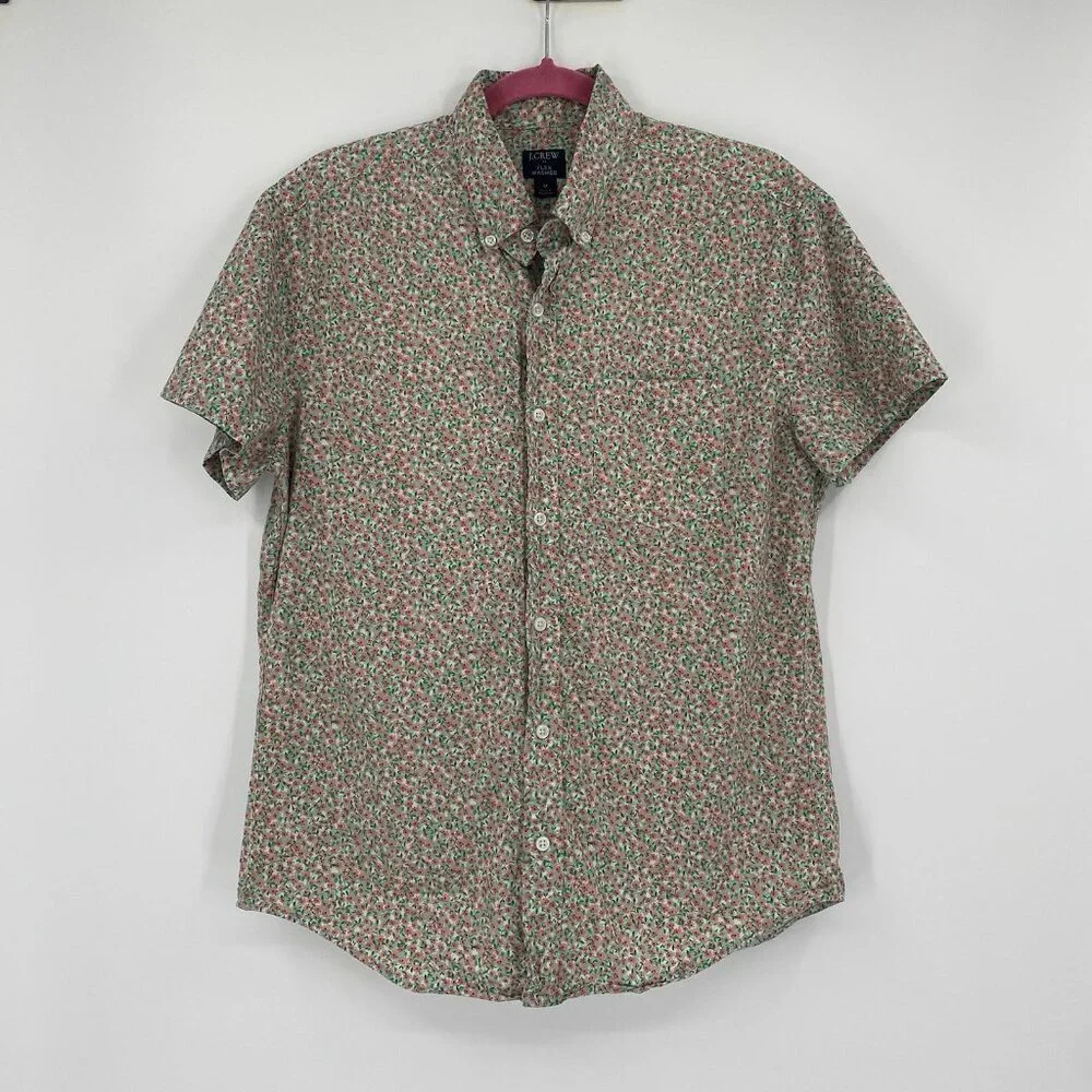 J.Crew Men's Size M Green Flex Wash Floral Print Button Front Shirt Short Sleeve